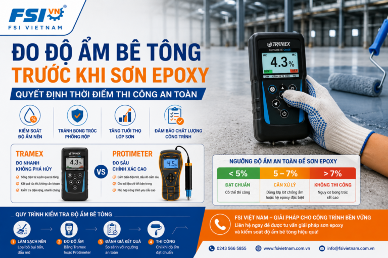 Đo độ ẩm bê tông trước khi sơn epoxy bằng máy Tramex và Protimeter